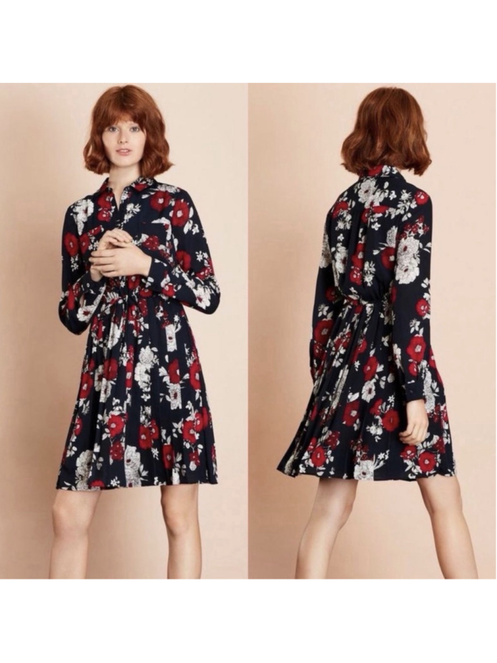 Brooks Brothers NWT Red Fleece Floral Shirt Dress 10 Blue Red Fit Flare Pleated